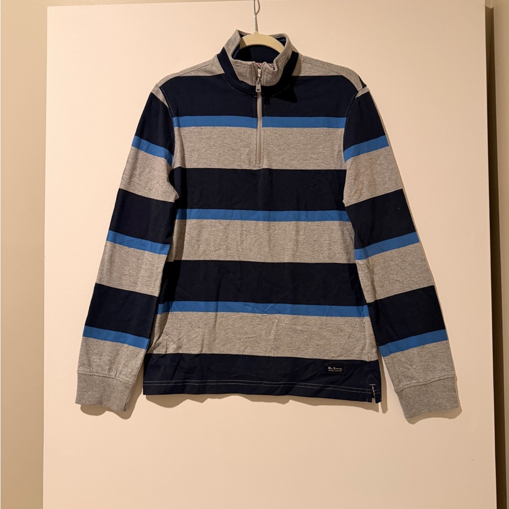 Ben Sherman Men's 1/4 Zip-Up Shirt - Navy and Light Gray Stripes